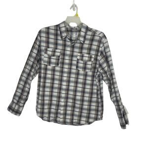 Machine brand men's snap front shirt button down plaid cream red blue casual